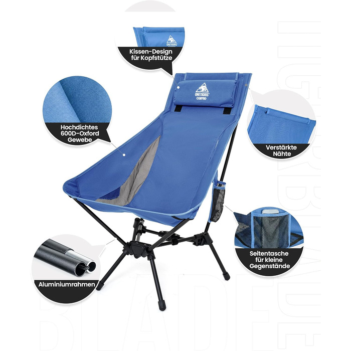 OneTigris TIGERBLADE - Крісло для кемпінгу з високою спинкою, 170 кг, складне, легке, з трикутним каркасом, для риболовлі, з 2 кишенями, для відпочинку на природі, для піших прогулянок (Блакитне)