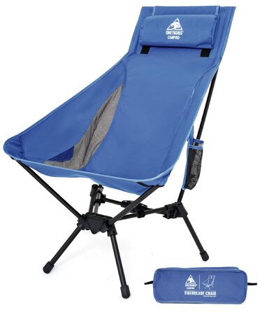 OneTigris TIGERBLADE - Крісло для кемпінгу з високою спинкою, 170 кг, складне, легке, з трикутним каркасом, для риболовлі, з 2 кишенями, для відпочинку на природі, для піших прогулянок (Блакитне)
