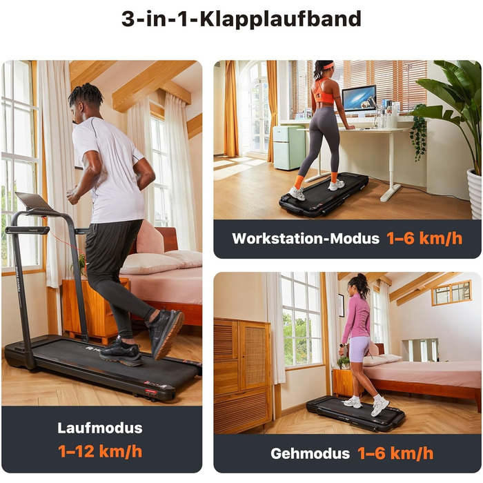 Електричний біговий тренажер Mobvoi Home Laufband SE 2.5 PS, 12 км/год, компактний, складний, з пультом ДУ, для дому, з додатком TicSports, чорний