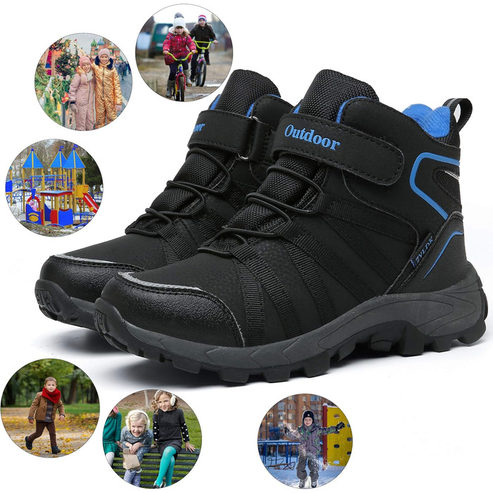 Дитячі зимові черевики: зимові черевики, черевики для хайкінгу, снігоступи для хлопчиків та дівчаток, з теплим підкладкою, водонепроникні, бавовняні черевики, черевики для трекінгу, снігоступи з застібкою-липучкою, розмір 37 EU, чорний, синій
