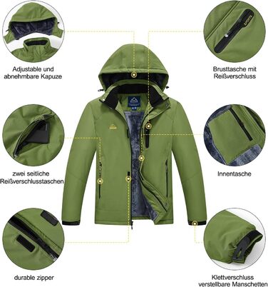 Чоловіча зимова куртка YSENTO, водонепроникна, тепла флісова підкладка, софтшелл, дихаюча, для катання на лижах та сноуборді з капюшоном (L, Зелений)