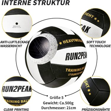 Волейбольний м'яч RUN2PEAK 0,5 кг, розмір 5, для тренувань, сеттер, чорний/білий