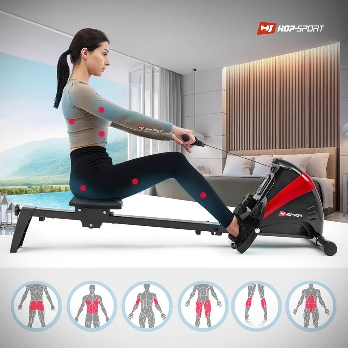 Гребний тренажер Hop-Sport Boost для дому, складаний, магнітний, з комп'ютером, підшипниковим сидінням, 10 рівнів навантаження, пульсознімний ремінь, до 120 кг, червоний