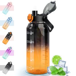 Спортивна пляшка для води MOMSIV 2L з трубочкою та контейнером для фруктів, з позначками часу, чорно-помаранчевого кольору, BPA-Free, для фітнесу, кемпінгу, йоги