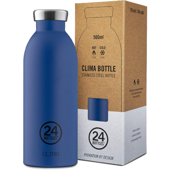 Термобутилка 24Bottles Clima 500 мл, сталева, для води та напоїв, тримає холод 24 год, тепло 12 год, герметична, екологічна, для спорту, Gold Blue