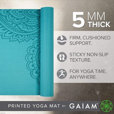 Йога мат Gaiam Premium 5 мм – нековзна тренувальна та фітнес-мат для йоги, пілатесу та тренувань на підлозі (172,7 x 61 x 5 мм, Paisley Frost)