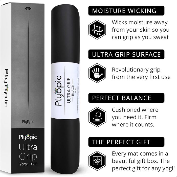 Килимок для йоги Plyopic Ultra-Grip Pro – нековзке покриття, комфорт та вологостійкість. Лінія вирівнювання для йоги, джоги, пілатесу, бікраму та гарячої йоги (Ultra Black (Minimalist))