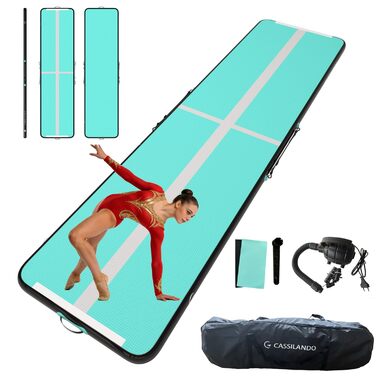 Гимнастичний мат Airtrack CASSILANDO надувний для тамблінгу та йоги, 400x100x10 см, м'ятно-чорний, з насосом