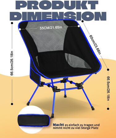 Складний туристичний стілець для кемпінгу з сіткою та кишенями, вантажопідйомність 150 кг, ультралегкий, для подорожей, пікніків, риболовлі (Оранжевий, Синьо-чорний)