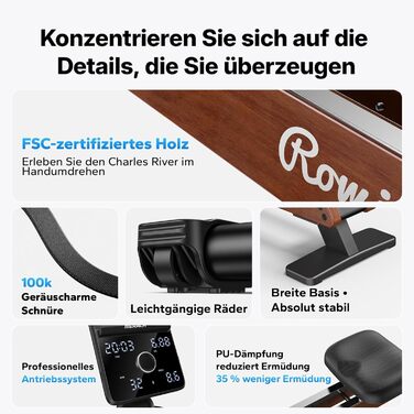 Гребний тренажер MERACH для дому з магнітним опором 60 кг, автоматичною регулюванням, LED-дисплеєм та подвійними дерев'яними рейками (R21)