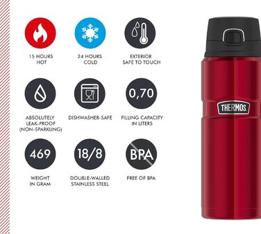 Термос-бутилка з нержавіючої сталі THERMOS STAINLESS KING 0,7 л, червона, Safe Flow кришка, зберігає тепло 15 годин/холод 24 години, для води і чаю, без BPA, підходить для посудомийної машини