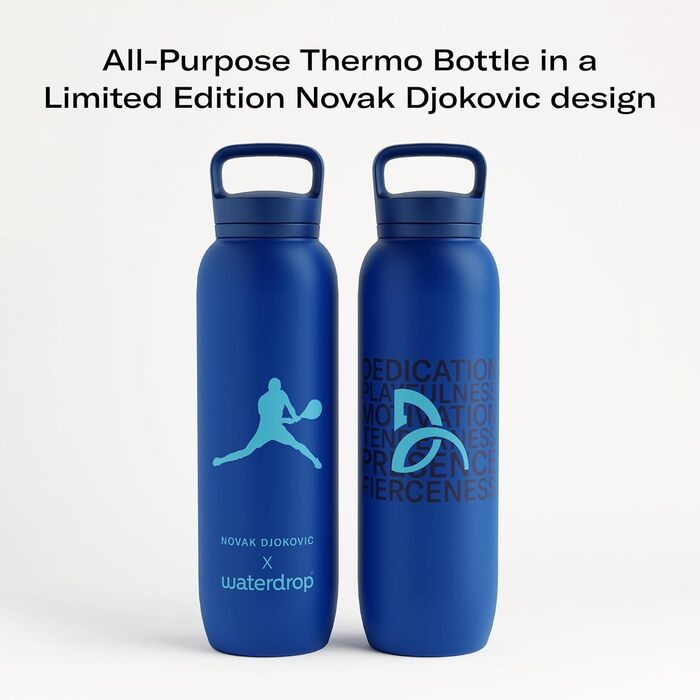 Термобутилка Waterdrop MICRODRINK x Novak Djokovic 1 л — ізольована питна пляшка з нержавіючої сталі, зберігає холод 24 години і тепло 12 годин, герметична та ударостійка