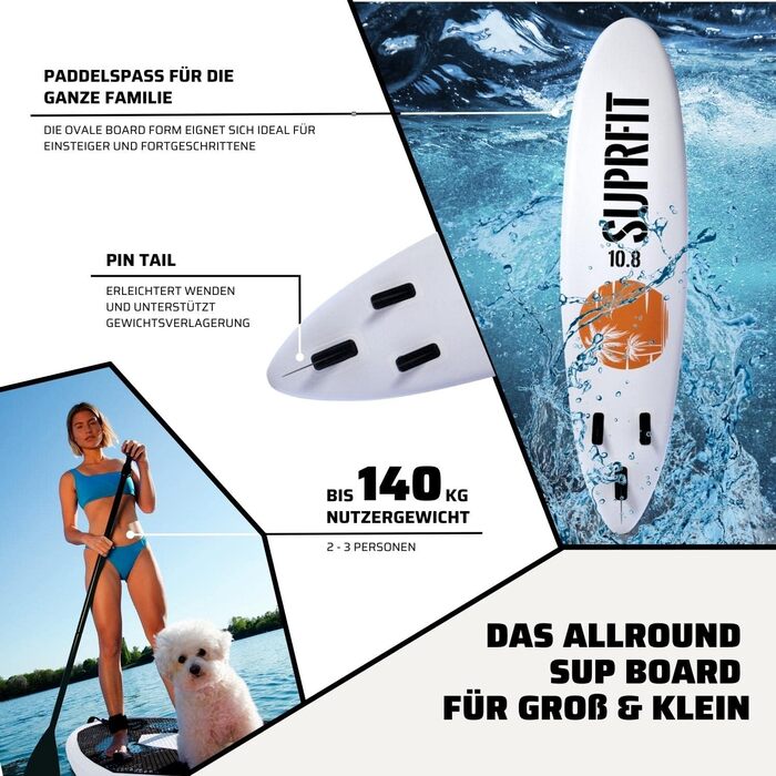 SUPRFIT SUP дошка надувна з веслом, комплект для Stand Up Paddling, до 140 кг, 330x78x15 см, біло-помаранчевий