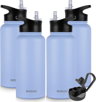 Термос-бутилка MURBONE з нержавіючої сталі 1.2 л, 2 кришки, трубочка, BPA Free, герметична, для газованої води, вакуумна ізоляція, набір 4 шт. — для спорту, подорожей, кемпінгу