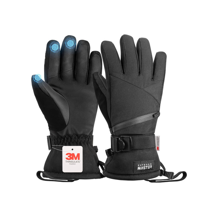 Зимові гірськолижні рукавички OutdoorMaster з утеплювачем 3M Thinsulate, терморукавички для чоловіків та жінок, чорні, розмір M