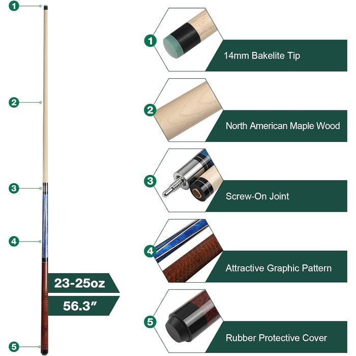 Більярдний кий Pool Queue 58 дюймів, тверде дерево, наконечники 13 мм, для професійних гравців, 1/2 кий, більярдний стіл, спорт (Колір: Браун)