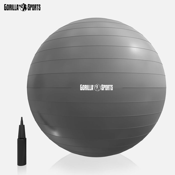 Фітнес м'яч GORILLA SPORTS 75 см, анти-вибуховий, до 500 кг, з насосом, для йоги, офісу, тренувань, сірий