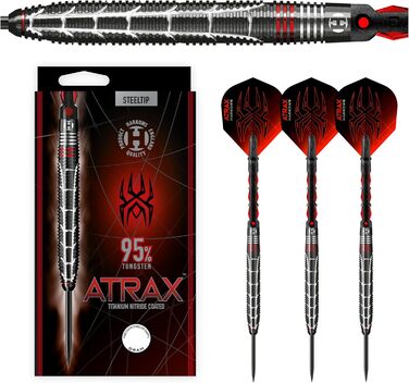 Дротики Harrows Atrax 95% вольфрам, сталевий наконечник, набір 21-26 г, карбонові ST-шафти, крила 100 мікрон червоні