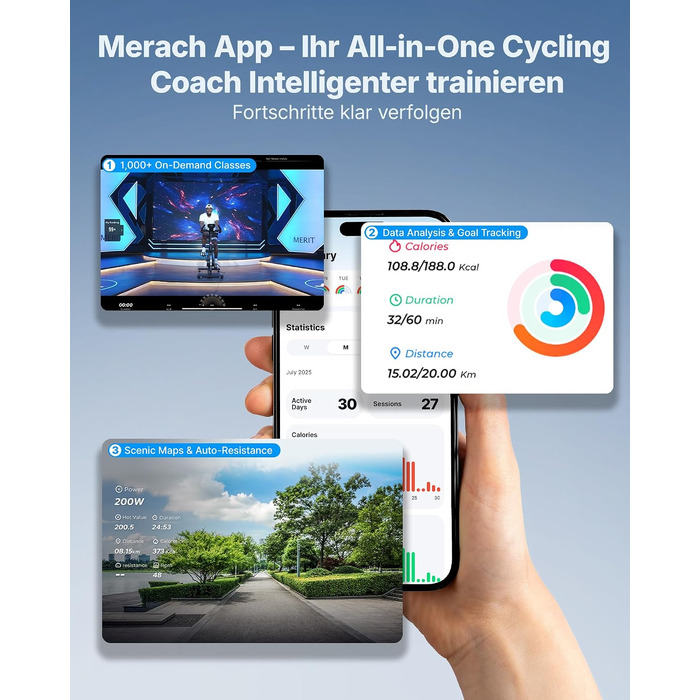 Магнітний велотренажер MERACH PRO з маховиком 8 кг, тихим ходом та підтримкою App, синій (до 150 кг)