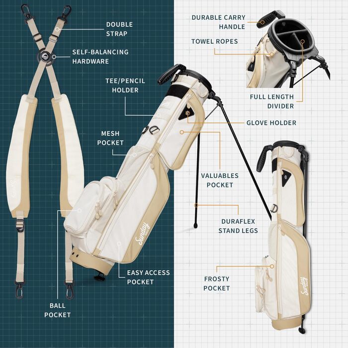 Гольф сумка Sunday Golf Loma XL: легка, з ременем та стійкою – для пітч-н-пут, Par 3 та Executive курсів