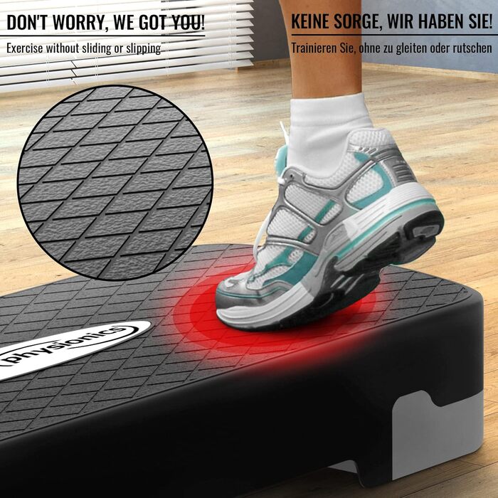 Фітнес степер Physionics® з 3 рівнями (10/15/20 см), регульована висота, антиковзне покриття, до 200 кг - для кардіотренувань вдома