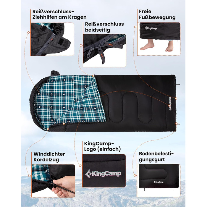 Сплячий мішок KingCamp Flannel для дорослих, 4 сезони, ультралегкий, бавовна, теплий, ковдровий, водонепроникний, для кемпінгу та повсякденного використання, чорний, L, блискавка