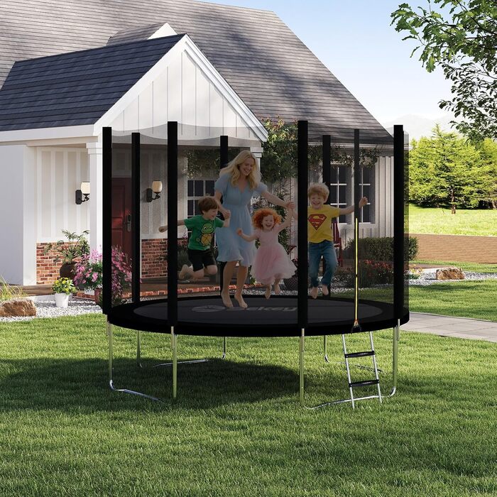 Трамплін Sekey Outdoor Ø 244/305/366 см - сертифікований TÜV Rheinland GS, дитячий, для саду з безпечним мотузковим драбиною, посиленим захисним сіткою та захисним бордюром (Чорний, 366 см/12 футів)