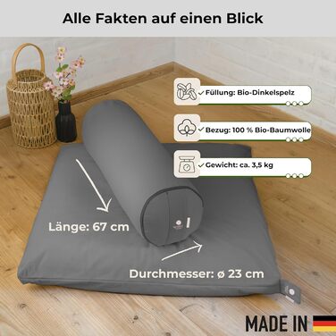 Йога-болстер Inner Peace: довге подування для йоги з органічної дінкової вати, виготовлено в Німеччині. Зручний знімний чохол з 100% органічної бавовни (антрацит, великий)