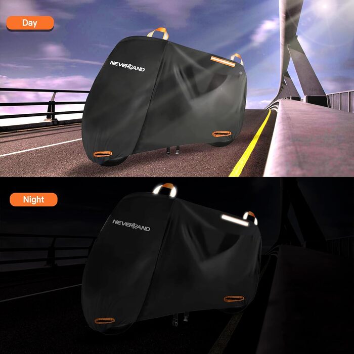 Накладна ковдра для мотоцикла Neverland Outdoor, 295x110x140 см, водонепроникна, 300D, гараж для мотоцикла, внутрішнє використання, з отворами для замка, світловідбиваюча, чорно-помаранчевий колір