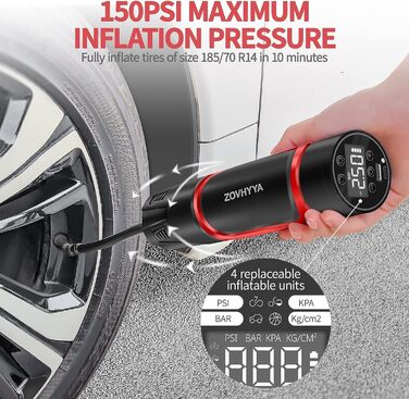 ZOVHYYA електричний повітряний компресор 150PSI, портативний акумуляторний насос 4500 мА·год з LED-ліхтарем та USB Type-C для авто, мотоцикла, велосипеда і м'ячів