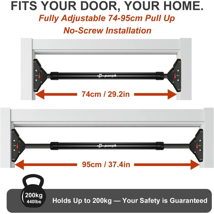 Кімнатна турнік для дверей Klimmzugstange, 74-95 см, для домашніх тренувань, з м'якими ручками