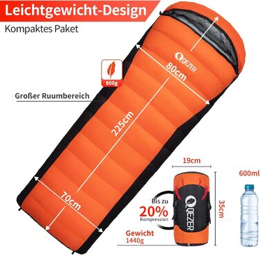 Сплячий мішок пуховий зимовий, 600FP+ преміум пух, 7°C - 24°C, легкий та теплий для 3-4 сезонів, кемпінг, піші прогулянки та трекінг, помаранчевий