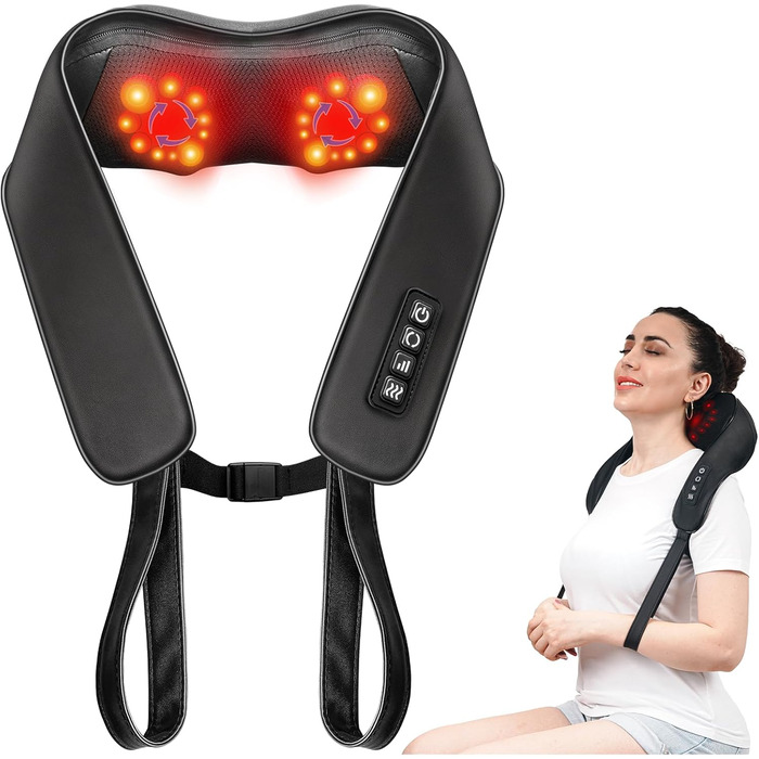 Масажер для шиї TISSCARE Shiatsu з підігрівом - електричний масажер для шиї, спини, плечей, ніг та ступнів. Глибокий масаж для розслаблення. Подарунок для батьків та партнерів, чорний