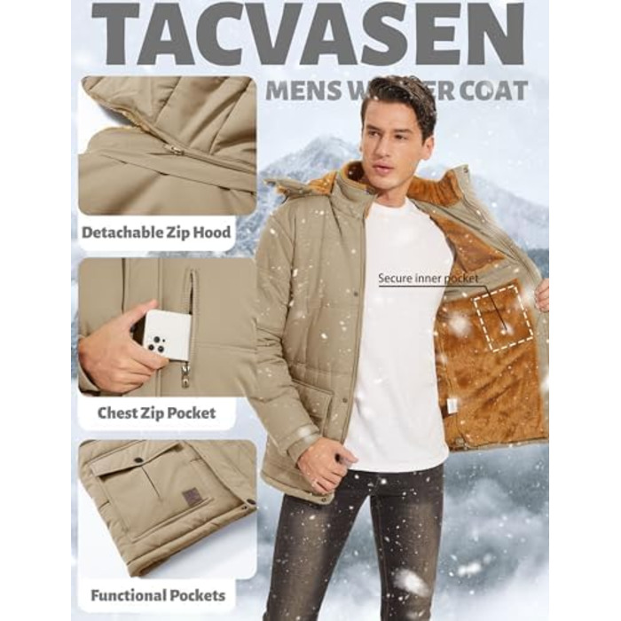 TACVASEN чоловіча зимова куртка: водонепроникна, вітрозахисна, з капюшоном, тепла стьобана куртка (S, Хакі)