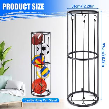 Стійка для баскетбольного м'яча на 2 яруси з 3 мотузками, органайзер для спортивних м'ячів, настінний тримач, для гаража, баскетболу, футболу