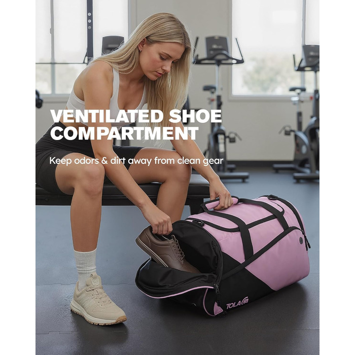 Спортивна сумка Tolaccea для чоловіків та жінок з відділенням для взуття та мокрих речей, рюкзак-дуffel для тренувань, фітнесу, басейну, подорожей (47л, чорно-рожевий)