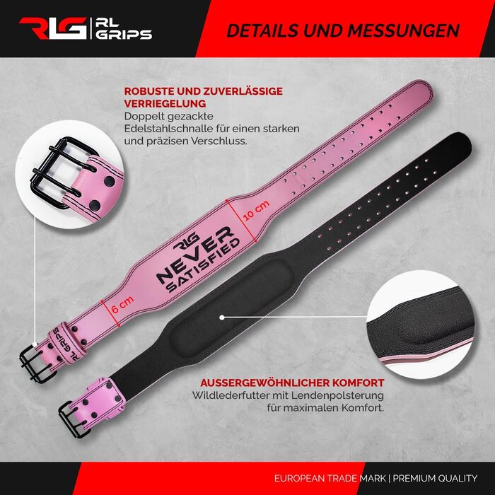 Пояс для важкої атлетики RL Grips Ledergürtel – підтримка попереку для силових тренувань, пауерліфтингу (унісекс), рожевий