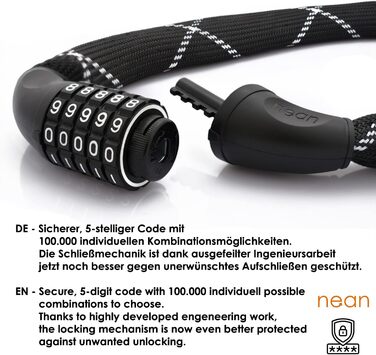 Замок для велосипеда Nean з кодовим замком, висока безпека, міцна тканинна обгортка, 6 x 6 x 900 мм, чорний