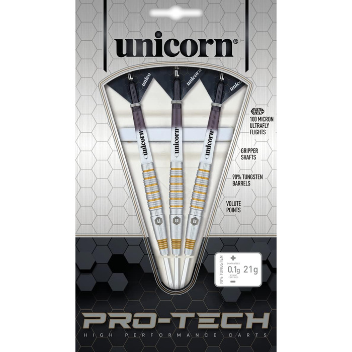 Дротики для дартсу Unicorn Pro-Tech, 90% вольфраму, сталевий наконечник, 23 г, золоті акценти