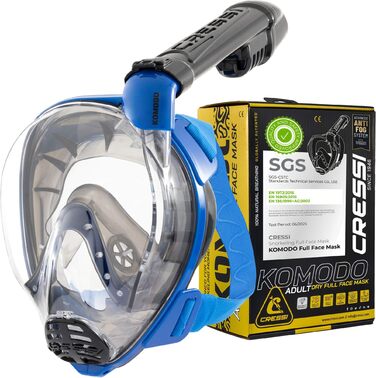 Маска для снорклінгу CRESSI Komodo Full Face Dry – повна маска з широким оглядом 180°, захист від CO2, антизапітніюче силікон, бічний трубка, регульовані стрічки (M/L, синій/чорний)