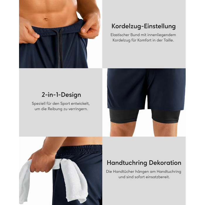 Шорти чоловічі Niksa 2er Pack 2-в-1, спортивні, швидковисихаючі, дихаючі, з кишенею для телефону (XXL, темно-синій)