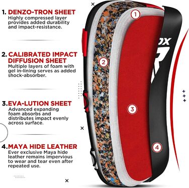 Шлагбафер RDX для бойових мистецтв, вигнутий захист для ударів ногами, кикбоксинг, муай-тай, шкіряне боксерське подушечка RDX, MMA, тайські подушечки, боксерські подушечки (1 шт.), універсальний розмір, червоний