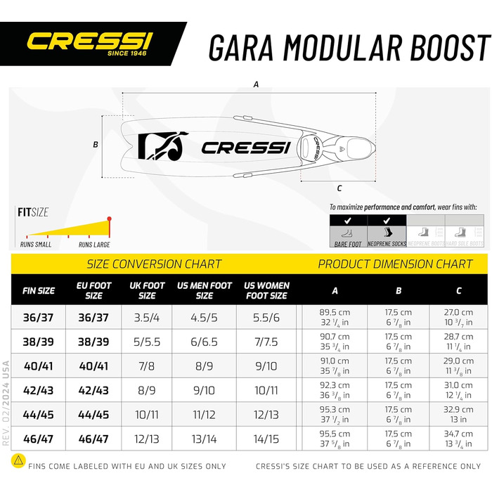 Ласти Cressi Gara Modular Boost зелені/чорні, для апное та підводного полювання, унісекс, розмір 42/43