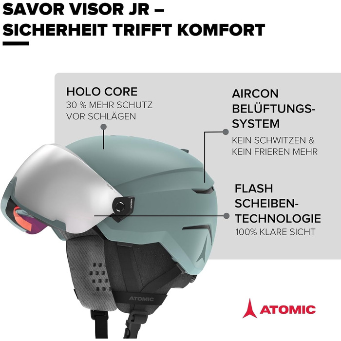 Дитячий лижний шолом ATOMIC SAVOR VISOR JR із візором, зелений, 48-52 см, максимальний захист, вентиляція, дзеркальна лінза