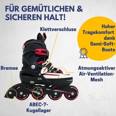 Інлайни для дітей Best Sporting Kinder I Роликові ковзани регульовані розміром I Міцні інлайни для підлітків з гальмом I Чорний/Червоний I Роликові ковзани для дітей I Інлайни з 4 колесами (33-37)