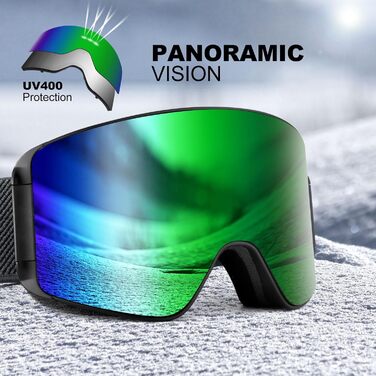 Скі-маска Ololand для жінок та чоловіків, захист від запотівання, UV-захист, магнітні змінні лінзи, сумісна зі шоломом, для сноуборду та катання на лижах, чорний колір, VLT 8.8% (зелена лінза - VLT 13%)