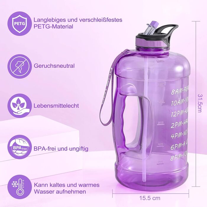 Велика пляшка для води TITIROBA 3,78 л з трубочкою, BPA-free, для спорту, фітнесу, школи