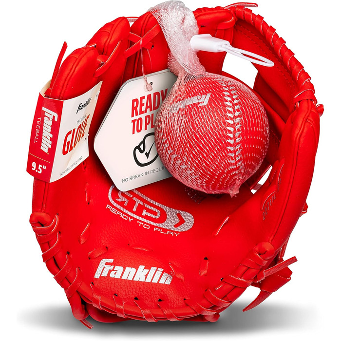 Рукавиця для бейсболу Franklin Sports RTP Kinder Teeball (ліва рука, червона) + М'яч - Дитячий набір для ті-болу для хлопчиків та дівчаток (24,1 см)