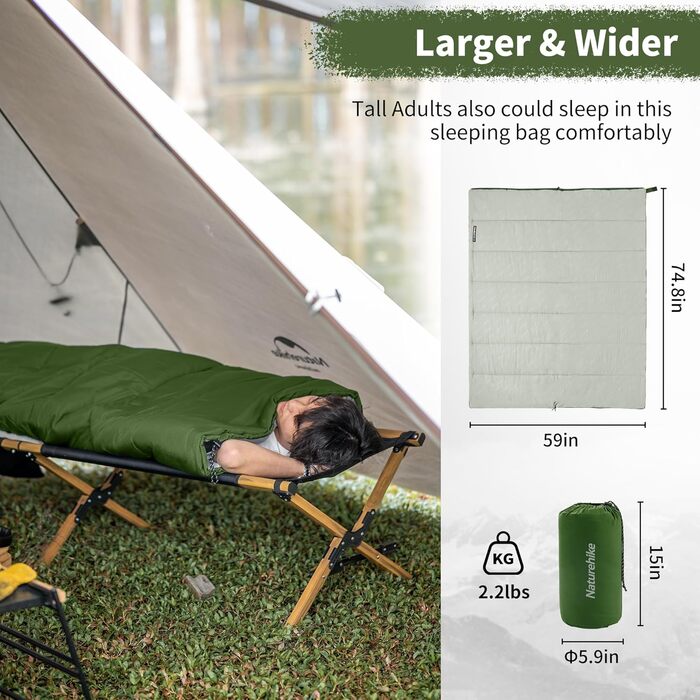 Спальний мішок Naturehike для дорослих, легкий прямокутний, з'єднувальний, 3-сезонний, для кемпінгу та піших прогулянок (зелений)