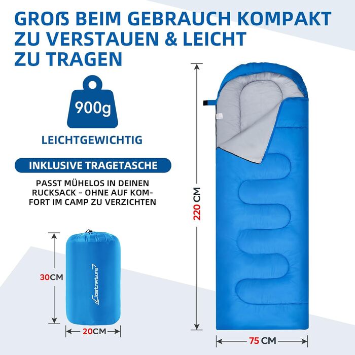 Спальний мішок Clostnature для кемпінгу та подорожей - Легкий, компактний, 3-сезонний, блакитний (0.9 кг)